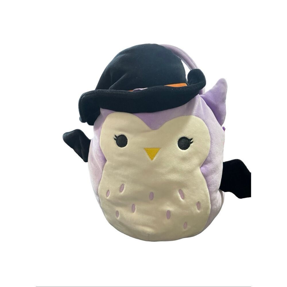 Squishmallows Purple Black Holly the Owl Halloween Treat Pail Plush Toy 13”
